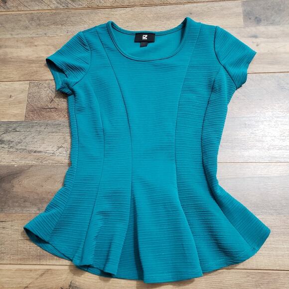 Iz Byer Teal Textured Scoopneck Capped Sleeve Peplum Stretch Pullover Top XS - Picture 1 of 6